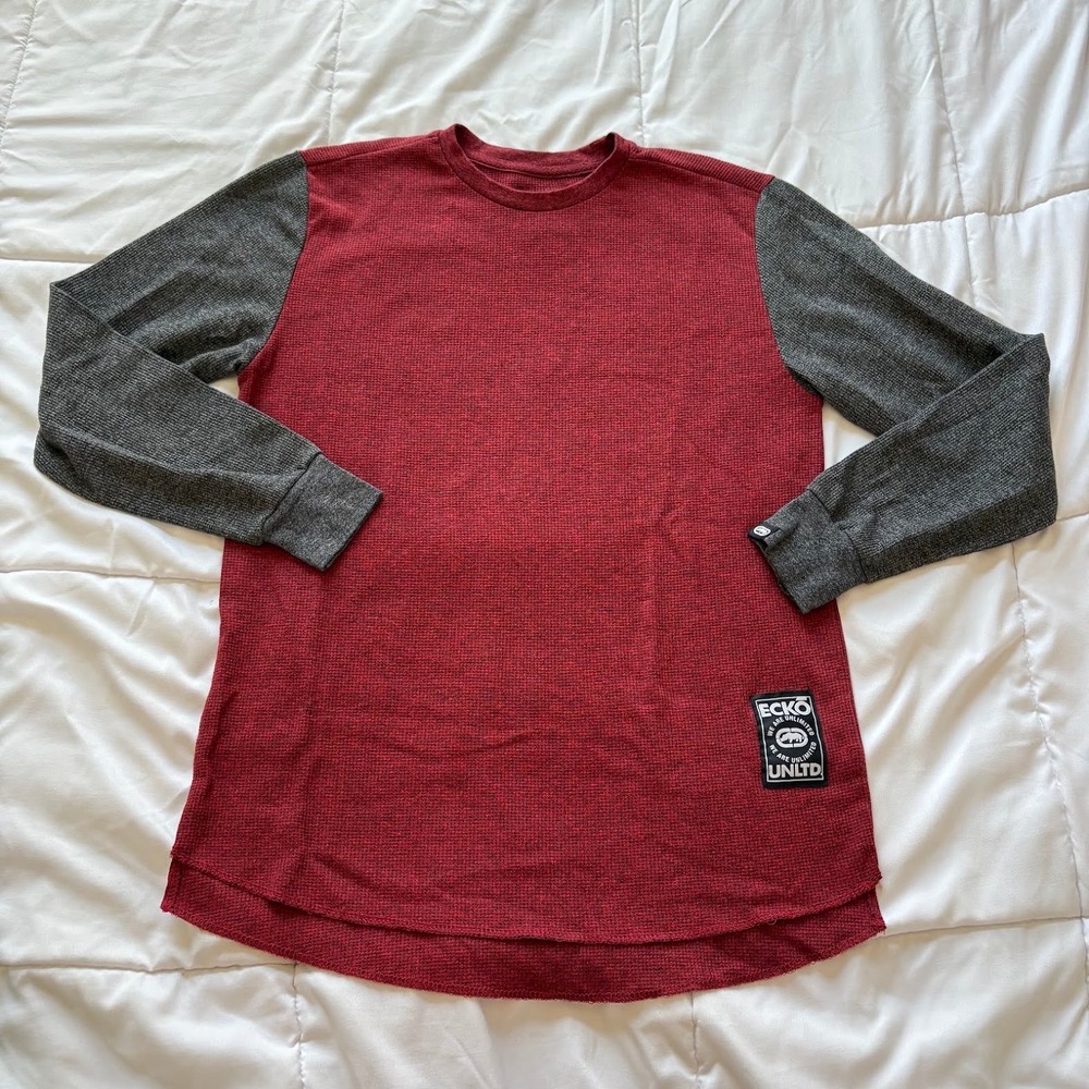Ecko Unltd Mens Large Red Gray Waffle Knit Thermal Long Sleeve Shirt Retro Y2K